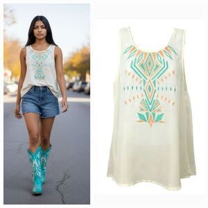 Vintage 90s Y2K Kori America Southwestern Geometric Embroidered Ivory Tank Top